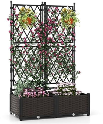 GOPLUS Jardinieres Exterieur avec Treillis Surélevée, 2 Bac à Plantes Auto-arrosant avec Trous de Drainage pour Plantes Grimpantes, Jardiniere sur Pieds avec Support Haut pour Fleurs et Légumes