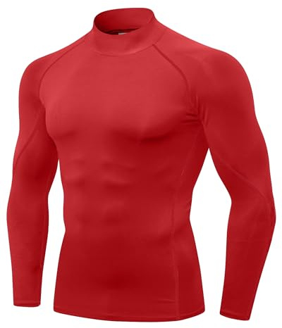 Yuerlian Red Mens Running Compression Shirt Long Sleeve Athletic Gym Cool Dry Sports Gear Top Baselayer Sports Workout Mock Turtleneck Tee Shirts