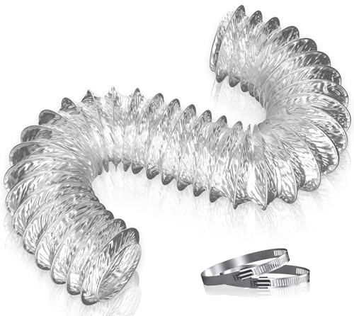 Hon&Guan 6-lagers aluminiumrör flexibel flexslang 100 mm/4 tum max. Längd 2 m med slangklämma för mobil luftkonditionering torktumlare köksfläkt frånluftsfläkt (silver)
