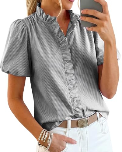Womens Short Puff Sleeve Button Down Shirts Striped Cute Summer Tops Ruffle Stand Collar Blouse Business Casual Preppy Lantern Top