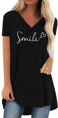 T-shirt damer v-ringad lång skjorta kortärmad löst sittande t-shirt tunika enfärgad baströja lång blus toppar italienskt mode lång tröja lång blus damer ledig, svart, M
