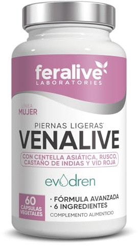 Feralive Laboratories Venalive 60 Cápsulas – Fórmula Evodren con Centella Asiática, Castaño de Indias, Rusco + Vid Roja y Ginkgo – Suplemento para Piernas Ligeras y Circulación