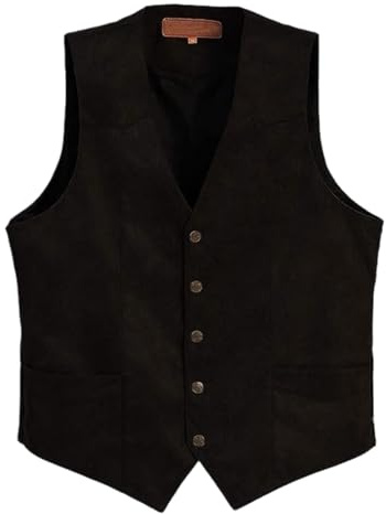 Mens V-Neck Suit Vest Sleeveless Classic Button-up Business Dress Waistcoat | Faux Suede Vintage Regular Fit Plain Formal Suit Top with Pockets, Casual Solid Sleeveless Gilet for Wedding Party Western