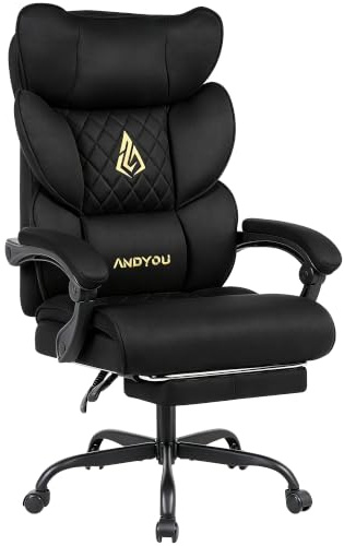 Andyou Silla Gaming con Reposapiés – ergonomica Silla Oficina, Respaldo 90-155° con Brazos Conectados, Tejido de Gamuza, Asiento de Muelles, Escritorio, hasta 150 kg, Negro