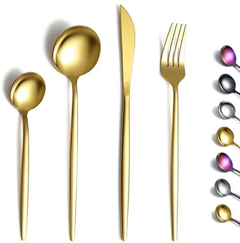 Kyraton Gold Cutlery Set 24 Pieces, Stainless Steel Flatware Set, Titanium Plating Gold Silverware Set Strong Anti Rust, Dishwasher Safe, Tableware Set Serving 6 People.