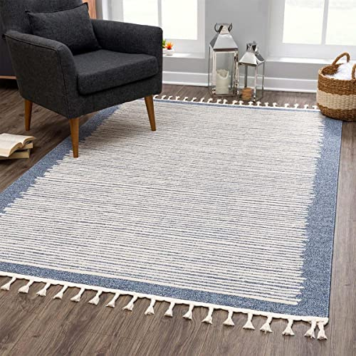 carpet city Teppich Wohnzimmer Blau - 200x290 cm - Scandi-Stil Gestreift Meliert - Kurzflor Teppiche Modern - Fransenteppich Tricolor Soft&Weich - Flachflor Schlafzimmer
