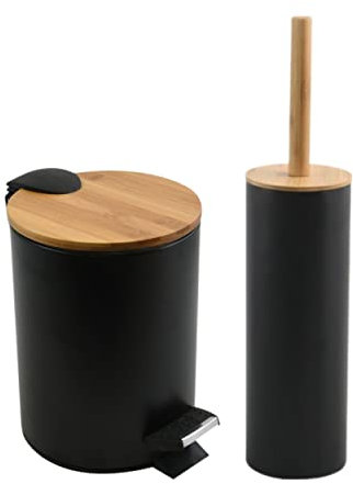 spirella Adonis - Set da bagno da 2 pezzi, secchio per cosmetici, 5 litri, con abbassamento automatico e spazzola per WC, in acciaio inox, con spazzola in silicone, colore: Nero
