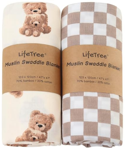 LifeTree Muslin Swaddle Blankets, Baby Swaddling Wrap Nursery Blanket Unisex, Soft 70% Viscose from Bamboo and 30% Cotton, Large 47 x 47 inches, Bear & Checkered Swaddle Blanket