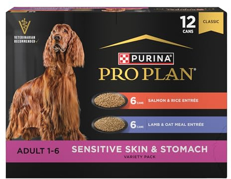 Purina Pro Plan Sensitive Skin and Stomach Wet Dog Food, Salmon and Rice and Lamb and Oat Meal Variety Pack - (Pack of 12) 13 oz. Cans
