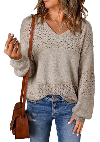 SHEWIN Womens Sweaters Long Sleeve V Neck Lightweight Spring Crochet Sweater Hollow Out Cable Knit Loose Fit Pullover Spring Tops for Women 2025 A Brown Small