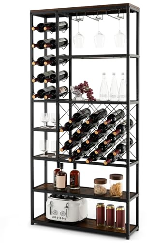 KOMFOTTEU Scaffale da Cucina con 27 Bottiglie, Scaffale per Vino con 7 Livelli di Ripiani e 3 File di Portabicchieri, Scaffalatura in Legno, Mobile Porta Microonde per Sala da Pranzo, 81 x 23 x 166 cm