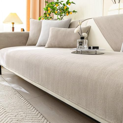 Gluhbirnen Herringbone Chenille Fabric Furniture Protector, Universal Non-Slip L Shape Couch Protector, Funny Sofa Cover, Milk Tea Color, 70 * 70CM