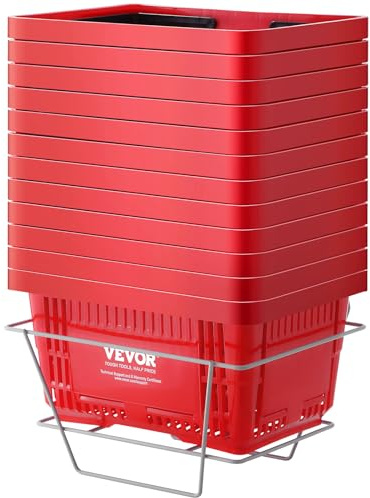 VEVOR Panier de courses, lot de 12, panier à provision en plastique durable 24 L avec poignée noire et support, 425x295x225 mm, panier d'achat pour magasins de détail, supermarchés, courses, rouge