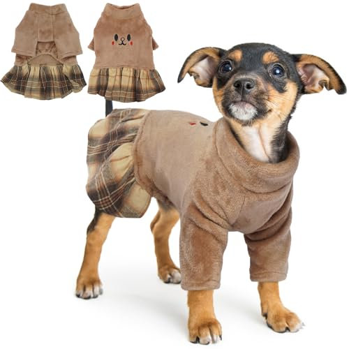 Hjumarayan Hundepullover Fleece, Hundepullover Kleine Hunde Warme Pullover Hund für Winter Hunde Fleece Pullover mit Kariertem Saum Yorkshire Terrier Kleidung, Braun M