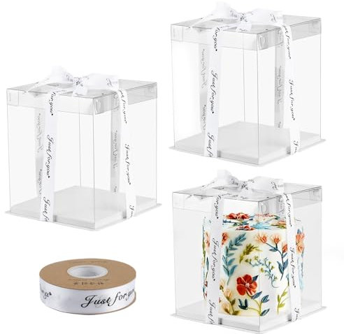 ZEFAN 3 Stück Tortenbox mit Boden und Band, 21cm*21cm*25cm Geschenkbox Durchsichtig, 6 Zoll Doppelte mit Deckel Tortenschachtel, Durchsichtige Geschenkbox für Obstkuchen, Desserts, Geschenke