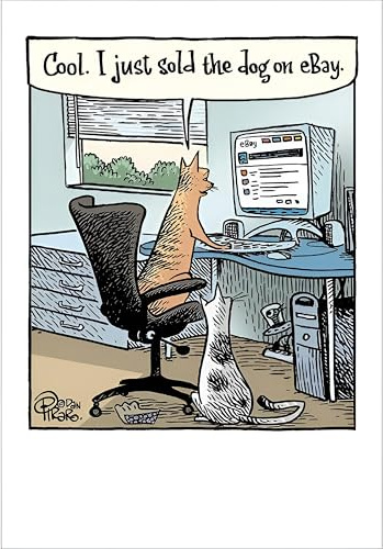 Woodmansterne Funny Birthday/Blank Greeting Card - Blank Card for Men/Women with Humorous Cat Selling the Dog Design - General Card Suitable for Any Occasion