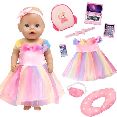 Ropa de muñeca rosa para muñecas de 35-45 cm, 9 piezas de vestido de muñeca accesorios con vestido, cojín para el cuello, mochila, antifaz para el pelo, juego de juguetes para bebés de 14 a 18
