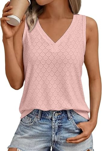Sukiglam Camisetas sin Mangas para Mujer Verano Elegante Blusas Holgada con Cuello en V Transpirable Elástica Tank Top Bordado de Ojales Camiseta Bohemia Casual Camisolas Shirt para Vacaciones