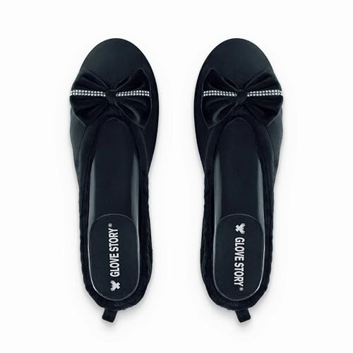 GLOVE STORY Pantofole Ballerina da Donna in Velluto per Interno con Suola Morbida in Pelle e Fiocco con Strass – Eleganti, Confortevoli, Fatte a Mano – Scarpe Morbide e Chic per la Casa