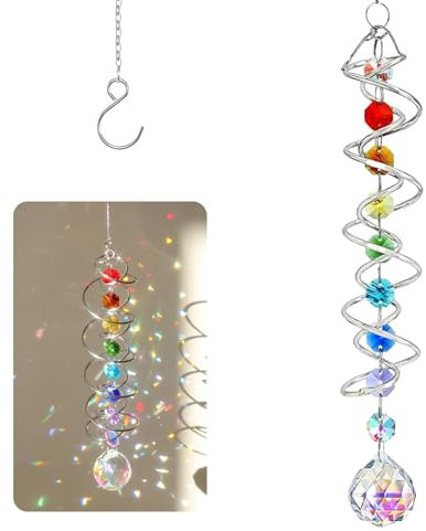 LUMOOM Attrape-soleil en cristal, décoration de fenêtre, double spirale à suspendre, avec sept perles chakra, boule en acier inoxydable, design queue en spirale, pour décoration de jardin en plein air