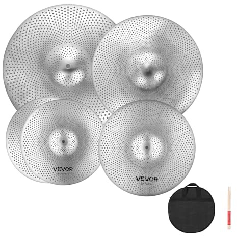VEVOR Ensemble de Cymbales Batterie, Cymbale Charleston 355 mm, Crash 400 mm, Crash 455 mm, Ride 505 mm, avec Baguettes, Sac de Rangement, Lot de 4 Cymbales à Faible Volume, Couleur Argent Brillant