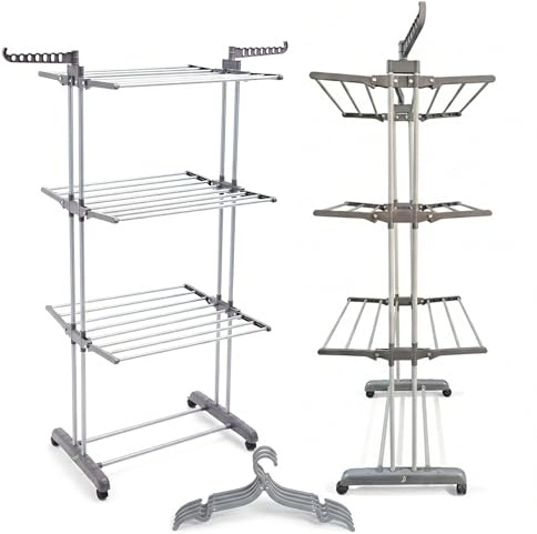 CAMBURVERDÓN EN CADA RINCÓN Tendedero Vertical Plegable Tipo Torre – 4 Niveles, 6 Bandejas Ajustables, Ruedas 360° y 10 Perchas Incluidas – Acero Inoxidable, 50 kg de Capacidad – Gris – CAMBURVERDON®