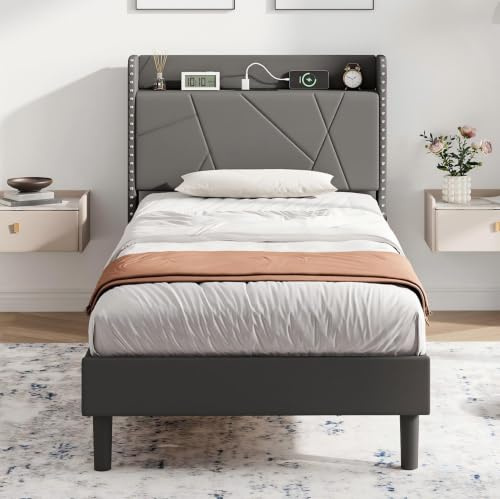IRONCK 3ft Single Bed Frame with Charging Station, Bed Frame Single with Upholstered Storage Headboard, Sturdy Wooden Slat Support, No Box Spring Needed, Grey 90X190 cm