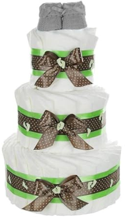 Grand gâteau de couches avec baby-boties vert neutre / 59 pièces / 3 étages