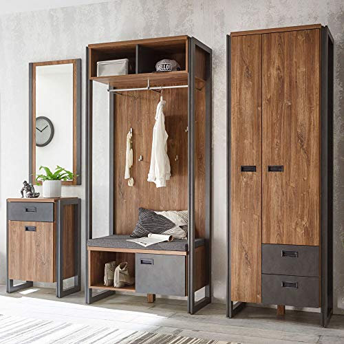 Flur Garderoben Komplettset im Industrial-Design Stirling-Oak-Eiche anthrazit Kompaktgarderobe & Sitzbank Polster Dielenschrank und Kommode & Wandspiegel