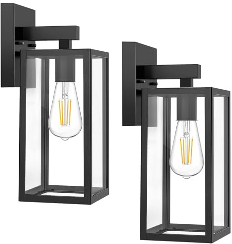 MAXvolador Outdoor Wall Sconce, Exterior Waterproof Wall Lantern Light Fixtures, Black Porch Lights with Toughened Glass Shade, Anti-Rust E26 Socket Front Door Mount Lighting, 2 Pack