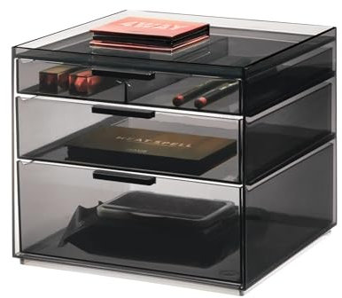 iDesign Make-up Organizer, Schmink Aufbewahrung mit 3 Schubladen aus der Signature Series by Sarah Tanno, Mini Kommode mit Schubladen aus Kunststoff für Make-up und Tools, Grau