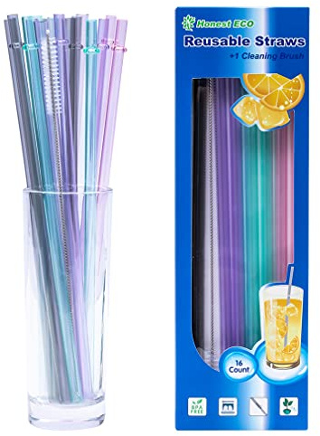 10.5inch Reusable Hard Plastic Straws with Cleaning Brush .0.39in and 0.29in 2 Widths Fit adult or Kid,Extra-long straws for 20/30oz Tumbler/Water Bottle BPA free Dishwasher Safe (16straws+1brush)