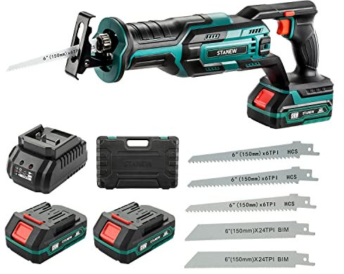 Seghetto alternativo,STANEW sega universale, 5 Lame per Taglio Legno e Metallo,2x Batería de Litio 2000mAh 20V, cambio lama senza attrezzi+guanti professionali +valigia