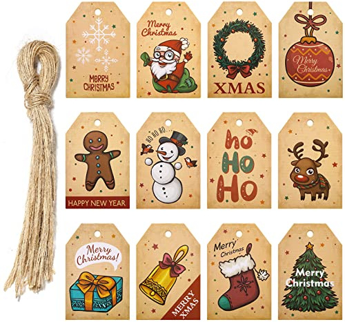 Etichette Regalo Natale, 48 Pezzi Kraft Bigliettini Regali con Corda di Canapa per Pacchi Regalo e Decorazioni per albero di Natale