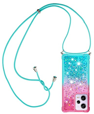 Paekear Halsband för Xiaomi Redmi Note 12 Pro/Poco X5 Pro 5G silikonskal, flytande glitter flickor damfodral, axelgnista och snodd halsband med justerbar snodd ficka