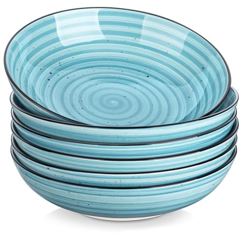 vancasso Bonbon Suppenteller 6er Set, Suppenschalen Steingut, 21,8 x 5,7 cm Pastateller groß tief, Nudelschalen, Ramenschalen, Salatschüssel für Spülmaschine und Mikrowelle, Blau