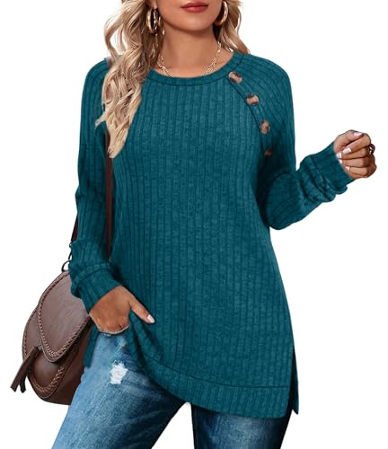 Aokosor Womens Tops Long Sleeve Fall Jumpers 2025 Ladies Button Side Splits Tunics for Leggings Turquoise Size 14-16