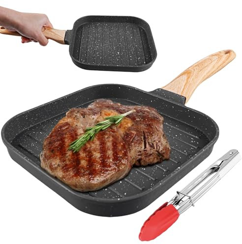 SPORWAY Grillpfanne 18×18 cm, Steakpfanne Induktion aus Aluminiumguss, Rectangle Bratpfanne mit Abnehmbarer Griff, Antihaft Omlettenpfanne Pfanne für alle Herdarten, Backofen und Spülmaschinenfest