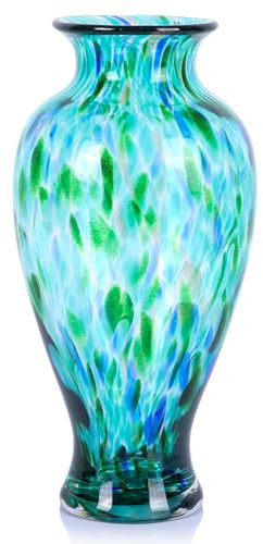 oliruim Jarrón de vidrio soplado verde azulado de 11.8 pulgadas de alto, jarrón de vidrio opaco verde, diseño único, decoración artística de boca ancha turquesa para el hogar, sala de estar, mesa de