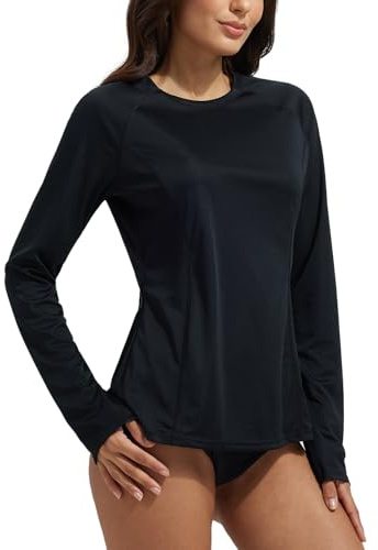 baleaf Maillot de bain rashguard à manches longues avec poches zippées pour femme Protection UV, Noir , M