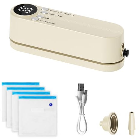 Macchina Sottovuoto Alimenti, 1200 mAh Mini Sigillatrice per sacchetti ricaricabile USB con 4 Sacchetti e 3 Dispositivi di Sigillatura, Sigillatore per Conservazione di Snack e Alimenti