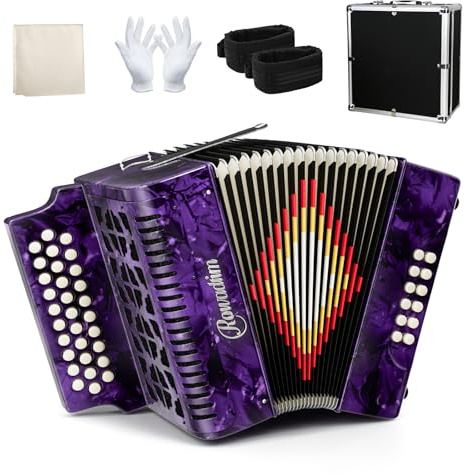 Accordion 31 Key Button Professional Diatonic Concertina with 12 Bass, F/B/E Tuned, Portable Squeezebox Folk Music Instrument for Adults Beginners with Case (Purple)