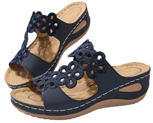 Ortopediska skor för kvinnor plantar fasciit bred passform läder kil sandal broderi blomma promenadskor damer fotvalgskorrigering sandaler dra på öppen tå tofflor sommar bekväma mules, BLÅ, 40.5 EU