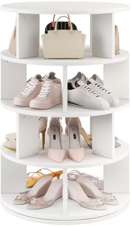 IBUYKE Zapatero Giratorio de 4 Niveles, Estante de Zapatos Giratorio 360°para 16 Pares de Zapatos, Organizador Vertical Redondo para Zapatos y Bolsos para Armario Pasillo Sala de Estar, Blanco WSR004W