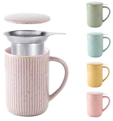 Yundu Tazze da tè in ceramica viola flambe da 470 ml con infusore e coperchio, tazza da tè sfusa