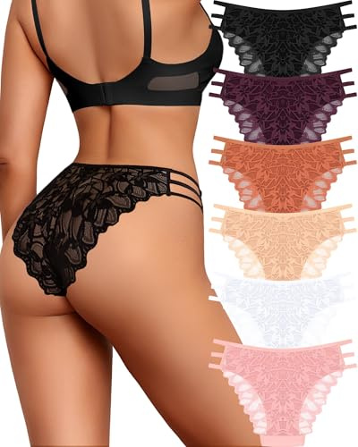 ALL OF SHE Lot de 6 Slips Femme Dentelle sous-vêtements Femme Sexy Slip Hipster Confortable sous-vêtements Respirant Douceur S-XL