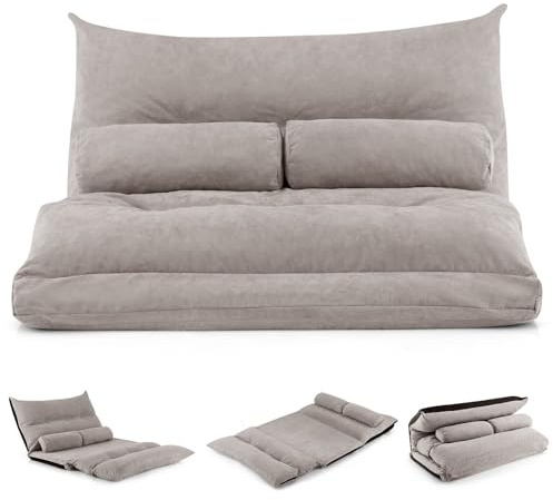FANTASK Canapé-lit 3 en 1 avec 2 Coussins lombaires - Canapé de Sol 3 en 1 avec Fonction Couchage et Dossier réglable - Canapé-lit Pliable pour Salon et Chambre à Coucher - Gris