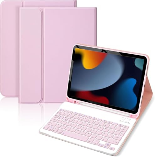KTOITION Funda Teclado para iPad 9ª Gen 2021/8ª Gen 2020/7ª Gen 2019/ Air 3 / Pro 10.5, Soporte para Lápiz y Teclados Recargable, [Español] Magnético Desmontable Bluetooth Teclado (Rosa)