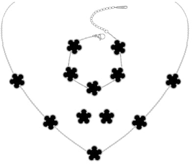 JYIXXZX Four-Leaf Clover Jewellery Set for Women Silver Stainless Steel Double-sided Four-Leaf Clover Pendant Necklace Stud Earrings Bracelet Adjustable Lucky Clover Jewelry Set Gift for Birthday (B)