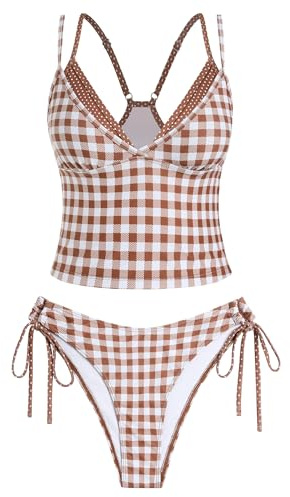 ZAFUL Women Double Layer Tankini Set V Neck Color Block Swimsuit Side Tie Two Piece Bathing Suit 0-Brown Plaid